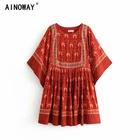 Винтажное шикарное модное женское красное платье с цветочным принтом и круглым вырезом, свободные богемные мини-платья, женское хлопковое пляжное платье Бохо с рукавами летучая мышь