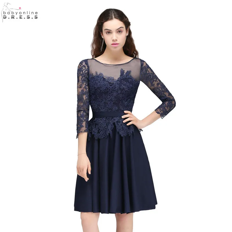 Кружевные темно синие Бальные платья трапециевидные драпированные Короткие