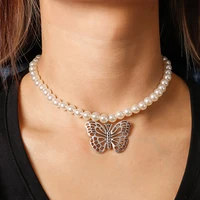new fashion vintage hollow butterfly pendant pearl beaded choker necklace for women female wedding clavicle necklace jewelry