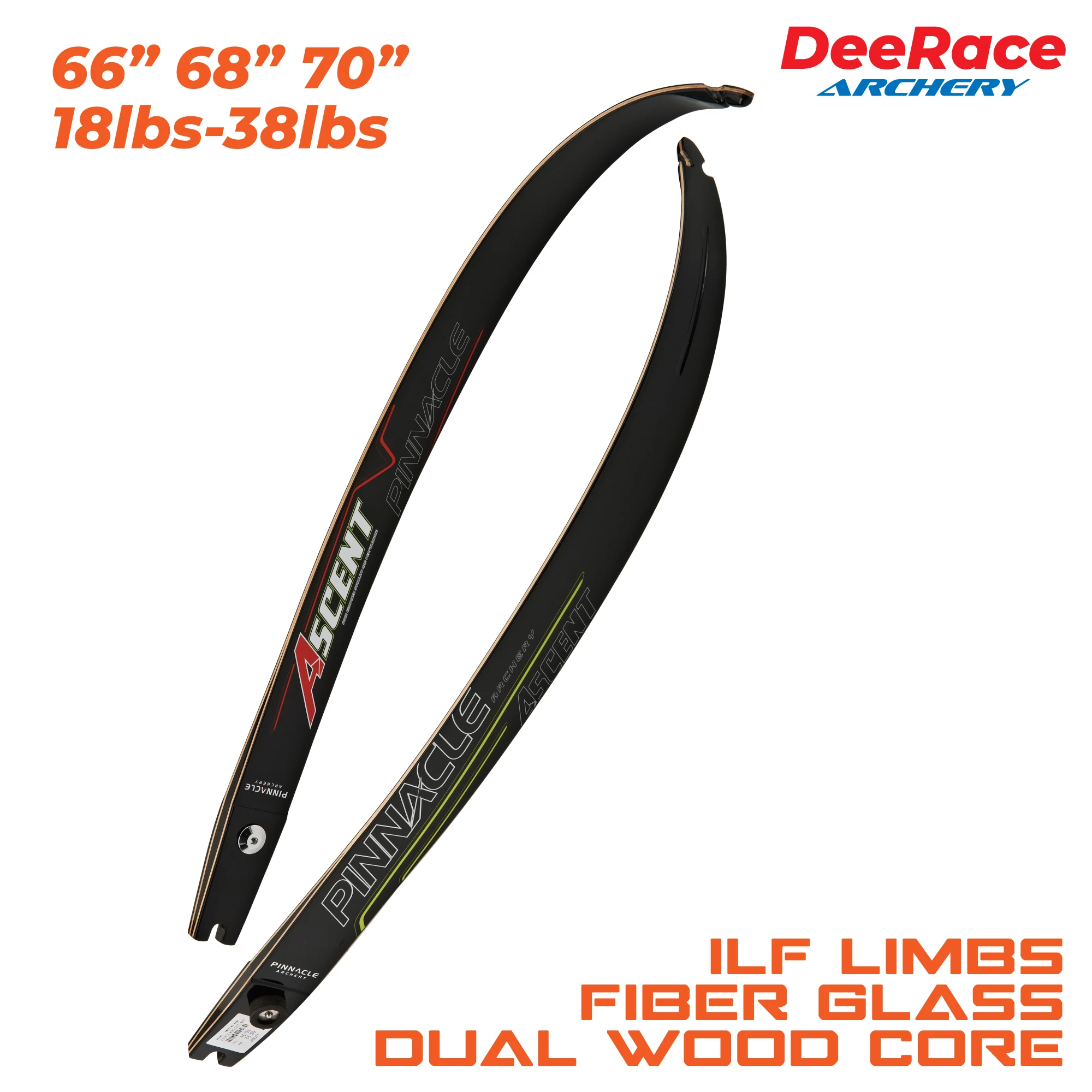 

66â€œ 68â€ Recurve Bow ILF Limbs 18lbs-34lbs With Dual Wood Core Fiber Glass Olympic Bow Limbs Target Shooting Ascent