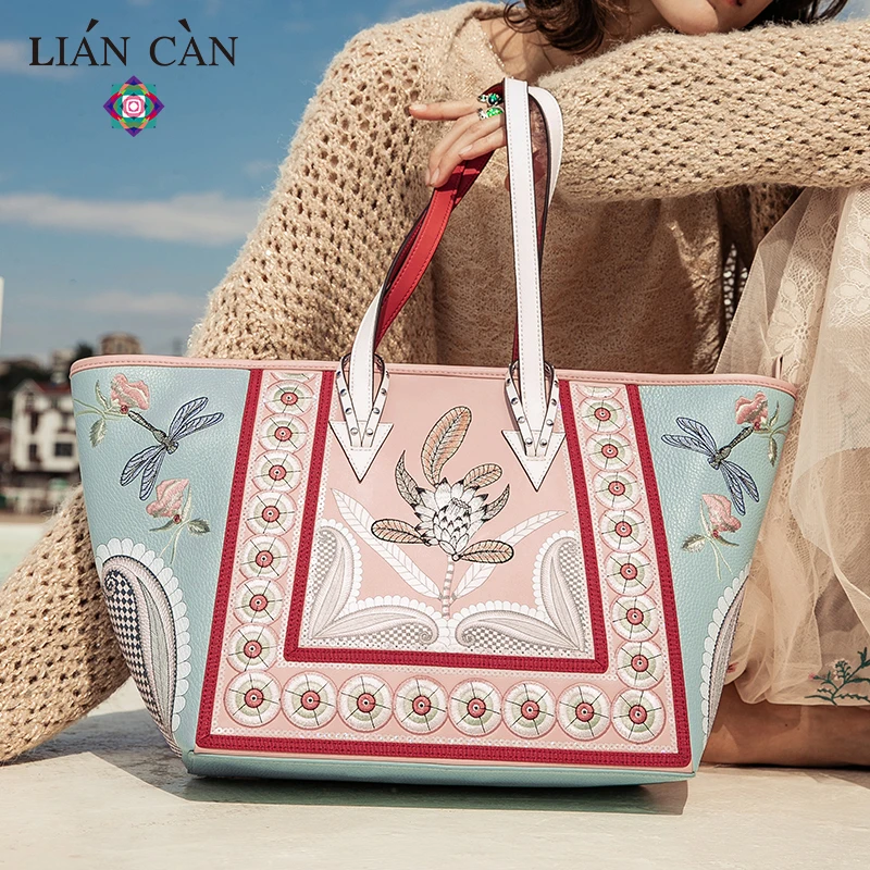 LIAN CAN вместительная Повседневная сумка с вышивкой из натуральной кожи сумки