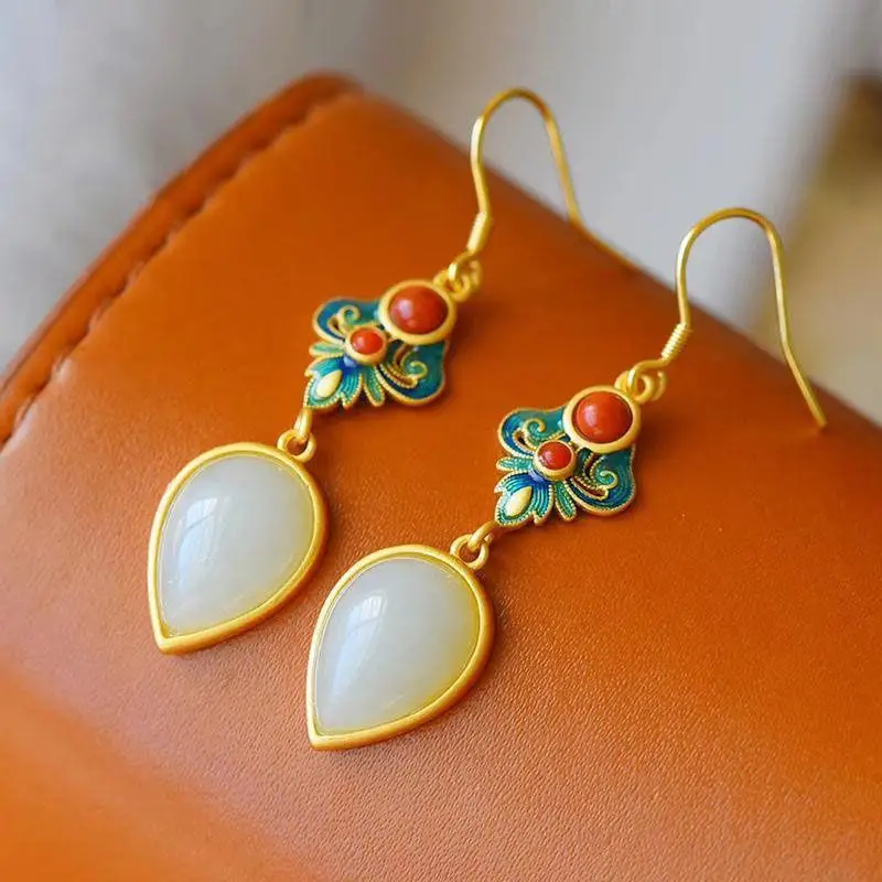 

Retro Chinese Style Cloisonne Earrings Sterling Silver Enamel Inlaid Hetian Jade Earrings Women's Drop-Shaped Court Earrings