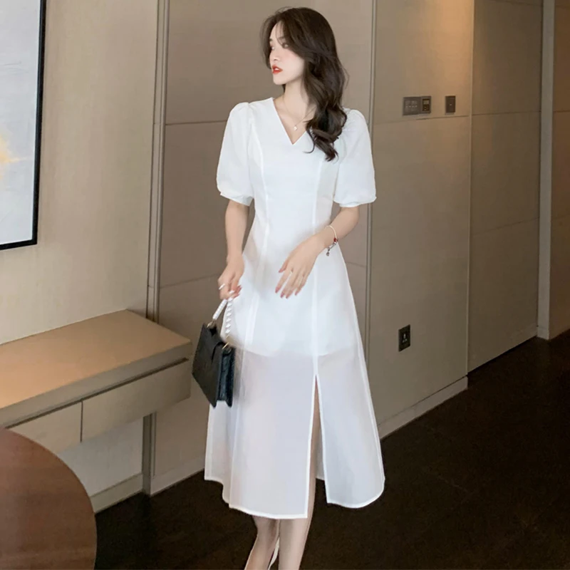 

2023 элегантное облегающее женское летнее белое шифоновое пляжное повседневное пикантное платье миди женские корейские винтажные однотонные платья Хепберн