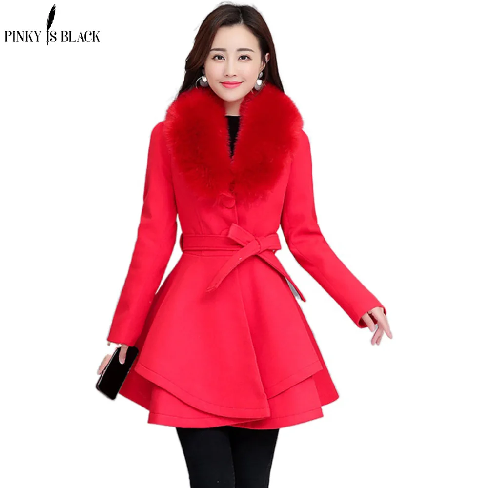 PinkyIsblack New 2020 Autumn Winter Wool Coat Women Long Elegant Wool Blend Coats Female Sweet Preppy Large Fur Coat Outwear