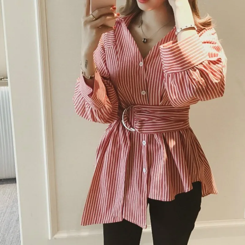 

Female Korean Ulzzang New Ladies T-Shirts Casual Oversized Long Sleeve Tops Womens Spring Autumn Striped Plus Size V-Neck Tops