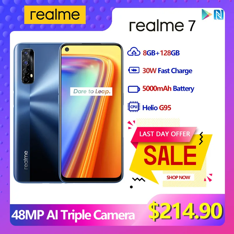 

【In Stock】realme 7 8GB 128GB Smartphone 6.5"FHD+ 30W Dart Charge Helio G95 48MP Camera 5000mAh Battery NFC Mobile Phone