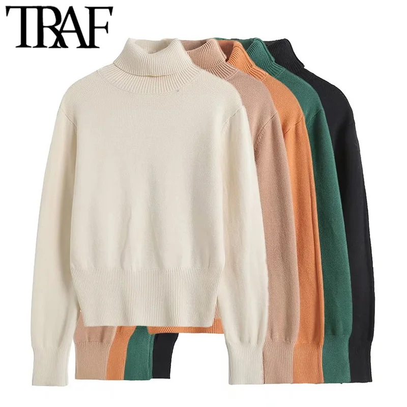 

TRAF Women Fashion Thick Warm Loose Knit Sweater Vintage High Neck Long Sleeve Female Pullovers Chic Tops