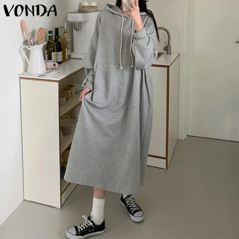 

Женское платье с капюшоном VONDA, осеннее платье-свитшот с длинным рукавом, повседневные свободные толстовки, богемные платья, большие размер...