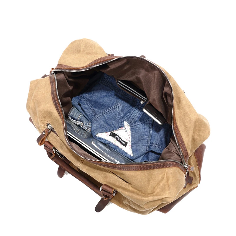 

Waxed Canvas Travel Bags High-end Quality Men Travel Handbag Large Capacity Vintage Style Crazy Horse Leather Travel Duffel Bag