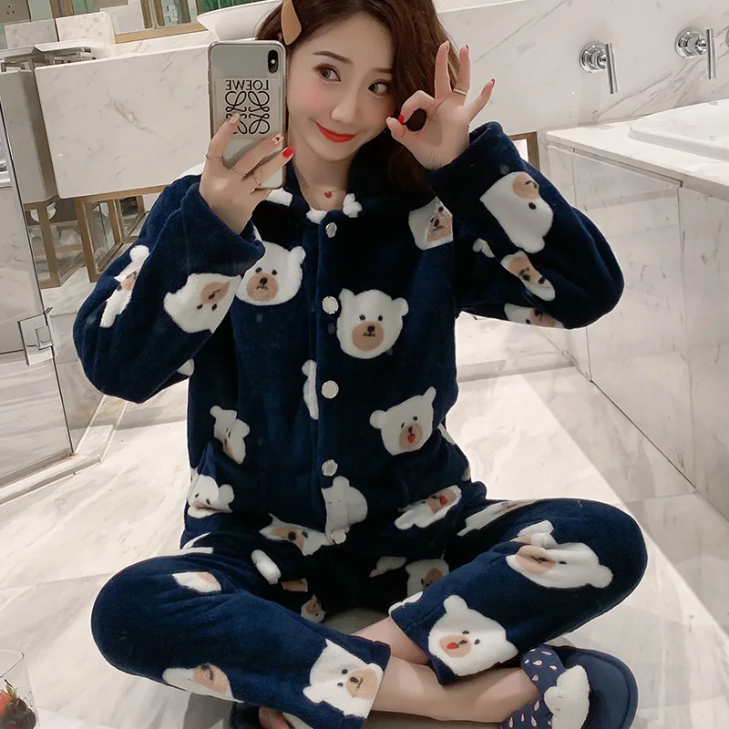 

Women Pajama Sets Winter Thicken Flannel Cozy Warm Print Kawaii Womens Sleepwear Female Homewear Casual Korean Fashion 2XL Loose
