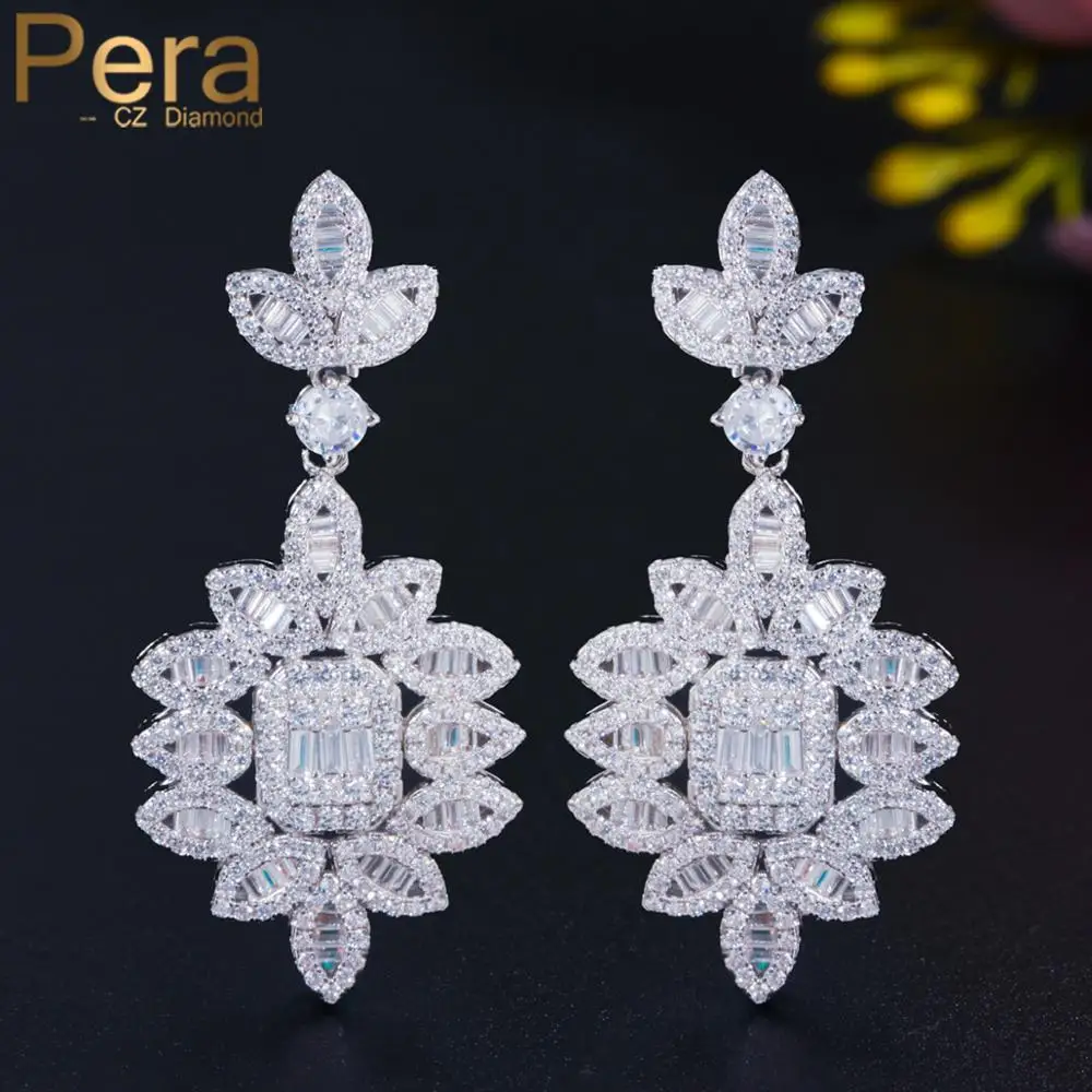 

Pera Elegant Sparkling White Cubic Zirconia Silver Color Long Big Leaf Drop Bridal Wedding Party Earrings for Brides E624
