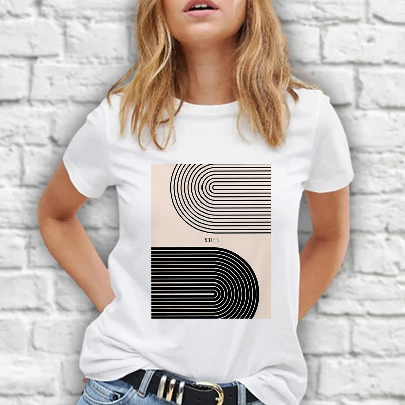 

Женская Базовая одежда, топы с мультипликационным геометрическим рисунком, трендовая Женская одежда, белая простая футболка 90-х с коротким ...