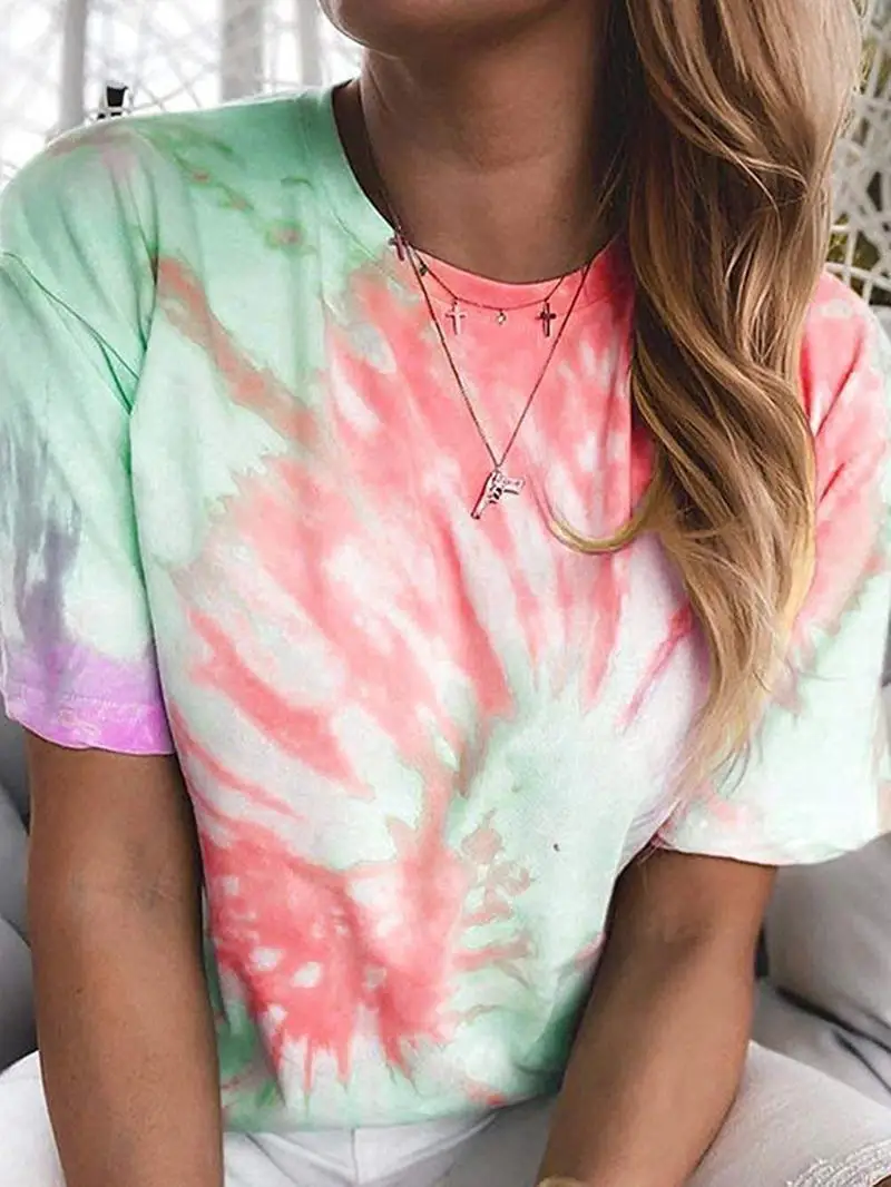 Фото Women Tie Dye Casual Top Short Sleeve Tee Streetwear Funny Crew Neck Graphics Trendy Soft Ladies Floral Letters Summer T-Shirt Женская Women Tie Dye Casual Top Short Sleeve Tee Streetwear Funny Crew Neck Graphics Trendy Soft Ladies Floral Letters Summer T-Shirt Женская
