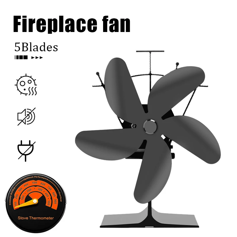 

5 Blades Black Fireplace Heat Powered Stove Fan Fireplace Fan Log Wood Burner Heat Power Heating Stove Fan Wood Stove Fireplace