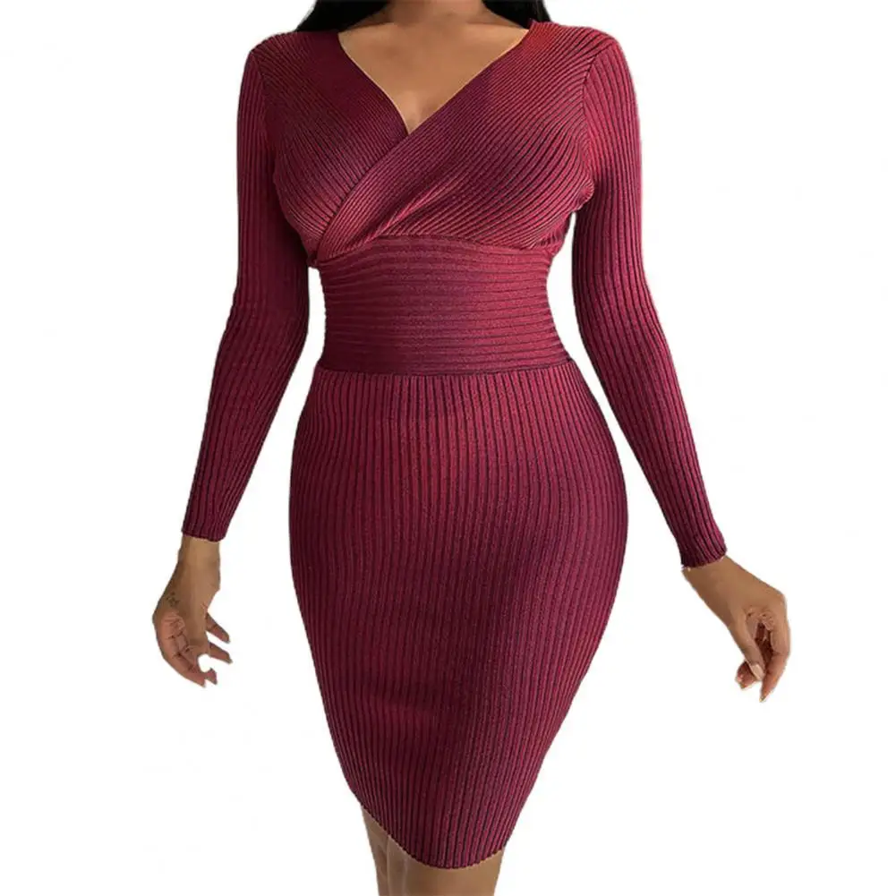 

Women Bodycon Dress Sexy Slim Solid Color Ribbed Hip Package Dress Autumn Winter V Neck Zipper Side Split Party Dress for Female