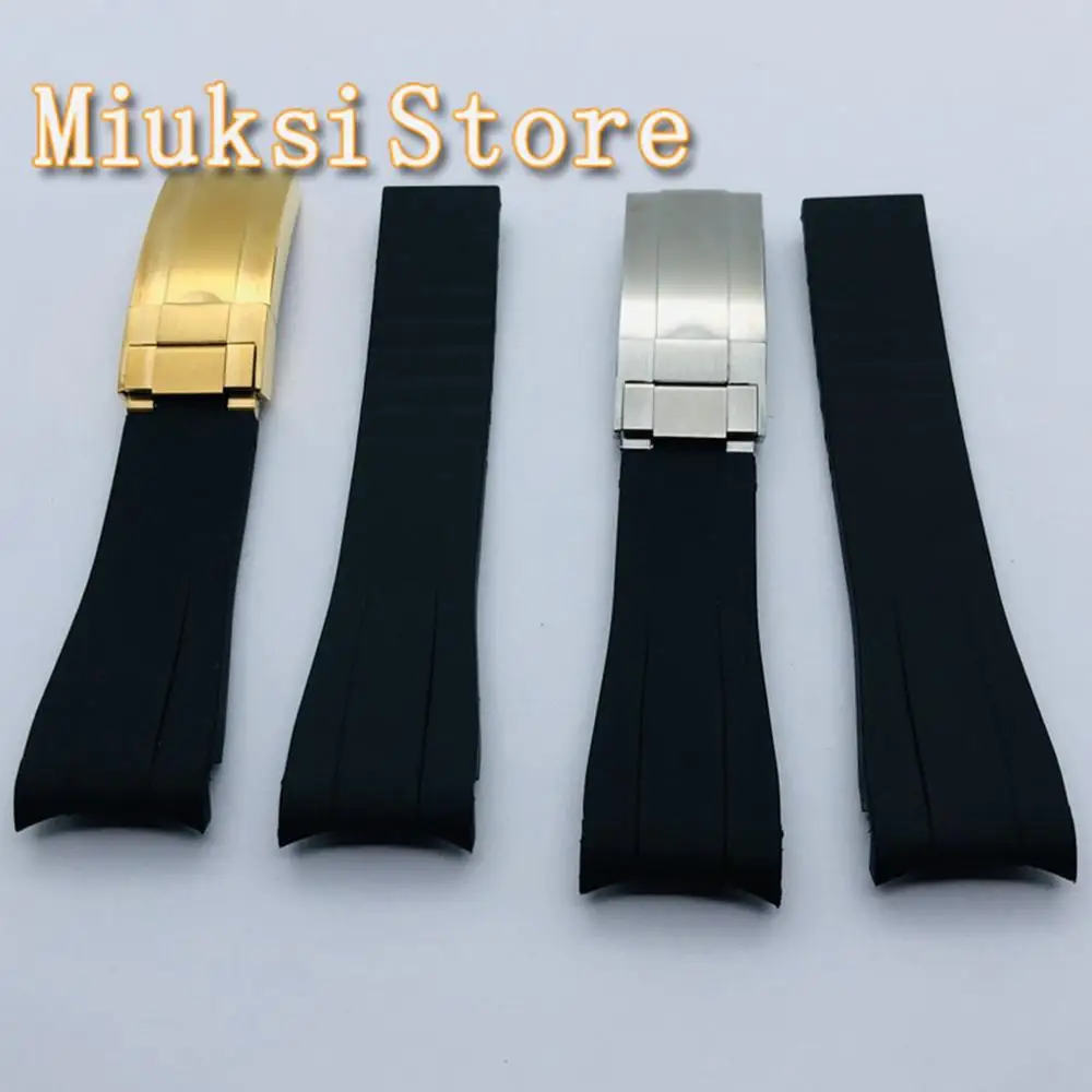 Ремешок резиновый с матовой пряжкой из нержавеющей стали черный изгиб верха 20 мм