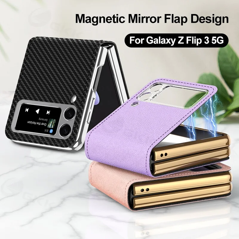 

GKK Luxury Leather Case Cover For Samsung Galaxy Z Flip 3 5G Magnetic Fold Holder Mirror Phone Cover For Galaxy Z Flip3 5G Case
