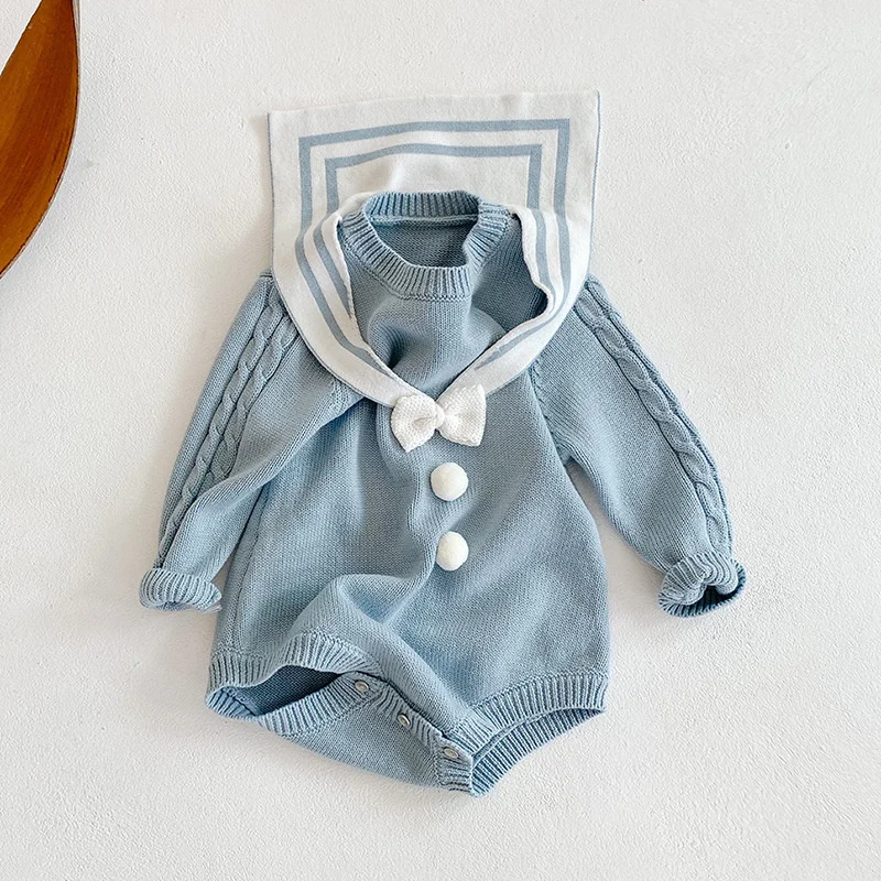 spring and autumn girls' baby Navy collar bowknot wool one-piece bag fart ha clothes triangle climbing suit