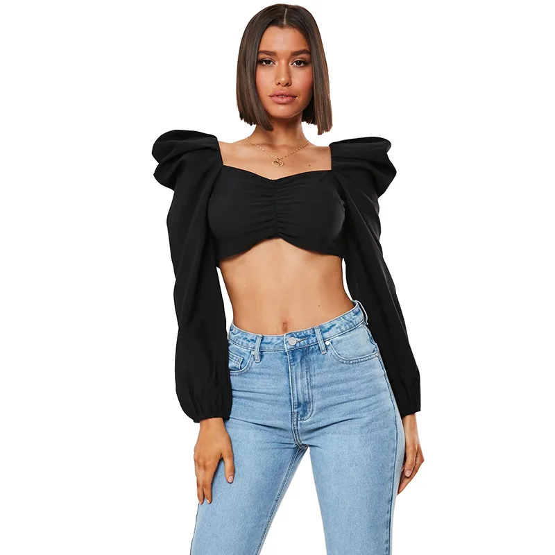 

Black Balloon Sleeve Elegant Women Short Top and Blouse Shirts Spring Autumn 2020 Sexy Backless Crop Tops Solid Fashion Blusas