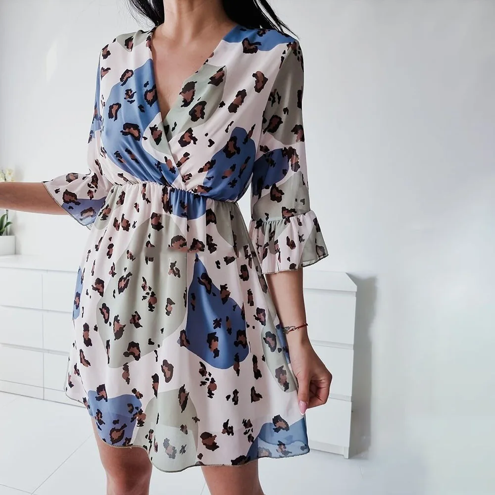 

Summer Sexy Mini Princess Women Dress 2021 New Loose V-neck Stitching Lotus Leaf Mid-sleeve Leopard Printing Double Layer Dress