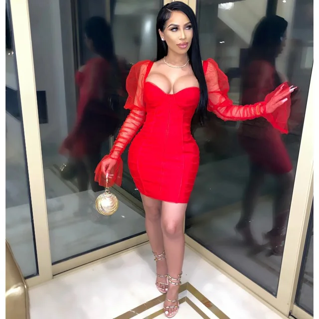 

Sexy Mesh Puff Sleeve Party Dress Women Low Collar Backless Patchwork Red Mini Dress Nightclub 2021 Spring Vestidos
