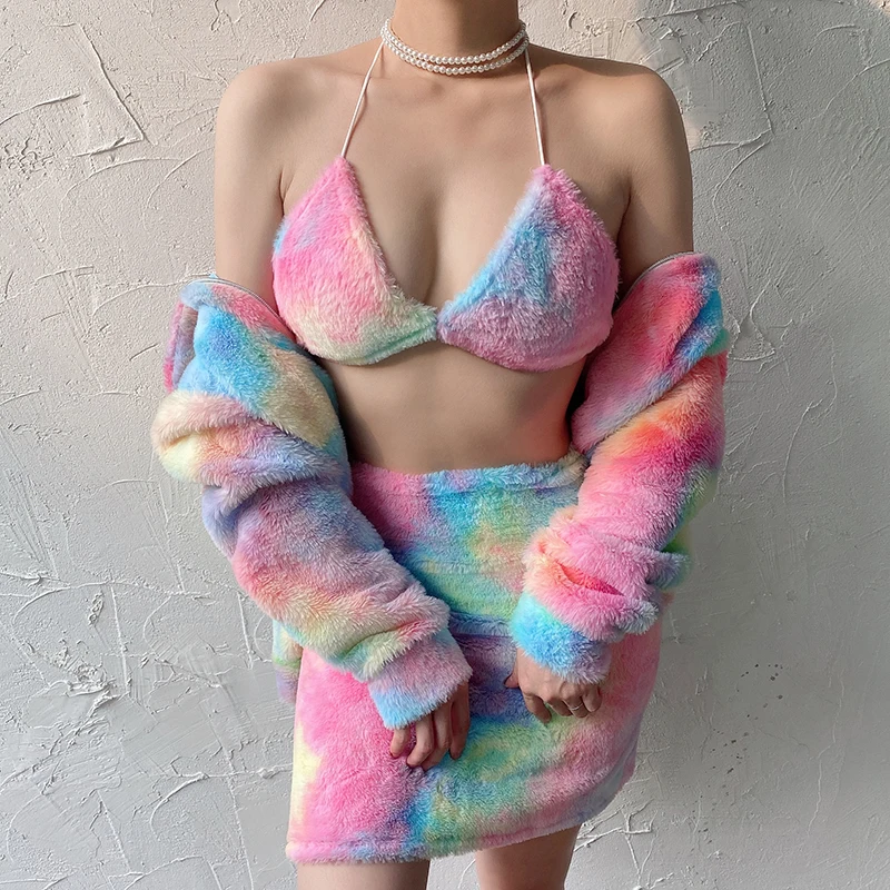 SUCHCUTE Радуга 2 шт. наборы Шерсть меховые пальто и юбка обёрточная бумага уличная одежда длиной до бедер корейский стиль Die Tye красочные Готический женская одежда