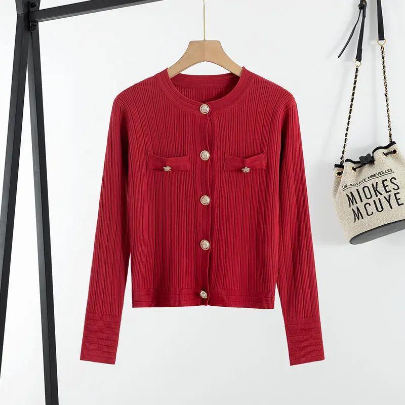 

Винтажный облегающий короткий свитер, кардиган, Женская Весенняя Модная трикотажная куртка с круглым вырезом и длинным рукавом, однобортна...