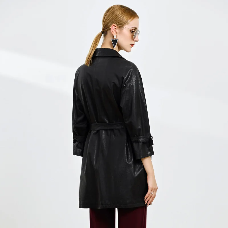 Chaqueta holgada de piel de oveja para mujer, abrigo largo para parabrisas, piel de oveja natural, color negro, 2021, venta al por mayor, 2021