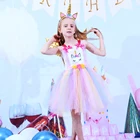 Блестящее Радужное Тюлевое платье-пачка для принцессы, вечерние для девочек с единорогом, детский костюм Пурим, сказочное платье на день рождения, элегантное бальное платье