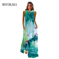 movokaka 2022 fashion green dress summer beach casual loose sleeveless long dresses elegant woman v neck holiday dress for women