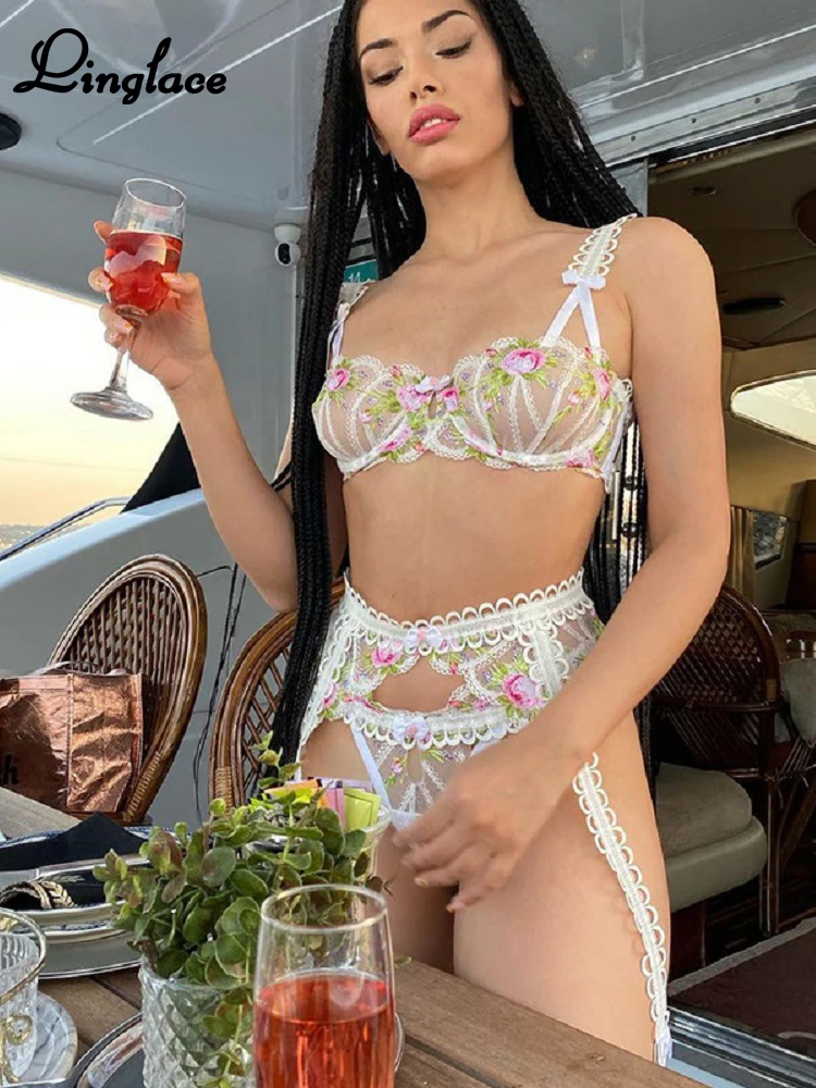

Linglace Transparent G-Thong Temptation Erotic Sexy Lingerie Sets Embroidery Hollow Out Lace Trim Sweet Lovely Women Linceria