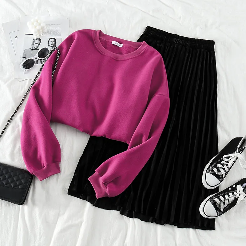 2020 Женский Повседневный комплект с юбкой пуловер круглым вырезом плотная