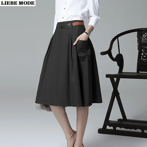 

Office Work Wear Long A Line Skirt Women Korean Ol Style Casual High Waist Midi Skirts Womens Black Khaki Cotton Jupe Pocket