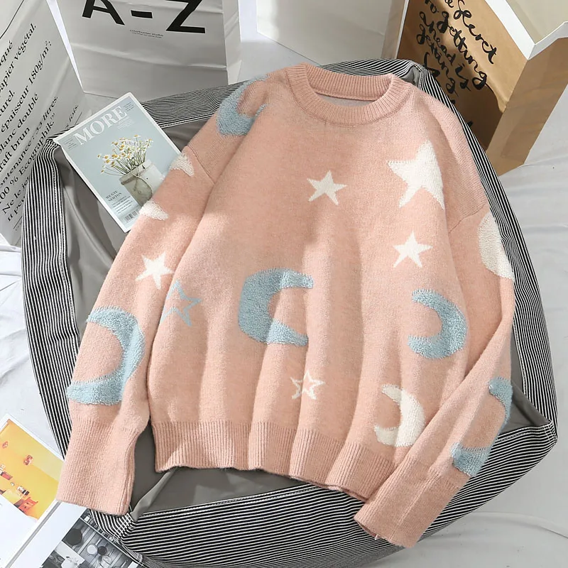 Осенние женские свитера в стиле Харадзюку со звездами и луной корейские