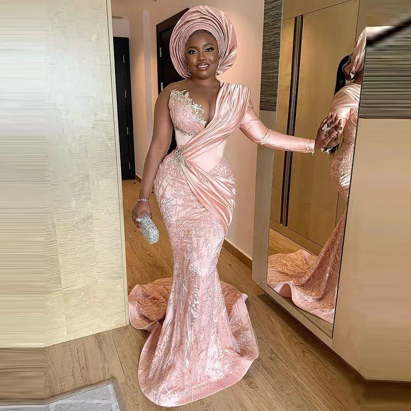 

Светильник-розовое кружевное вечернее платье с прозрачными рукавами и воротником-стойкой Aso Ebi, платье для выпускного вечера с бусинами, жен...