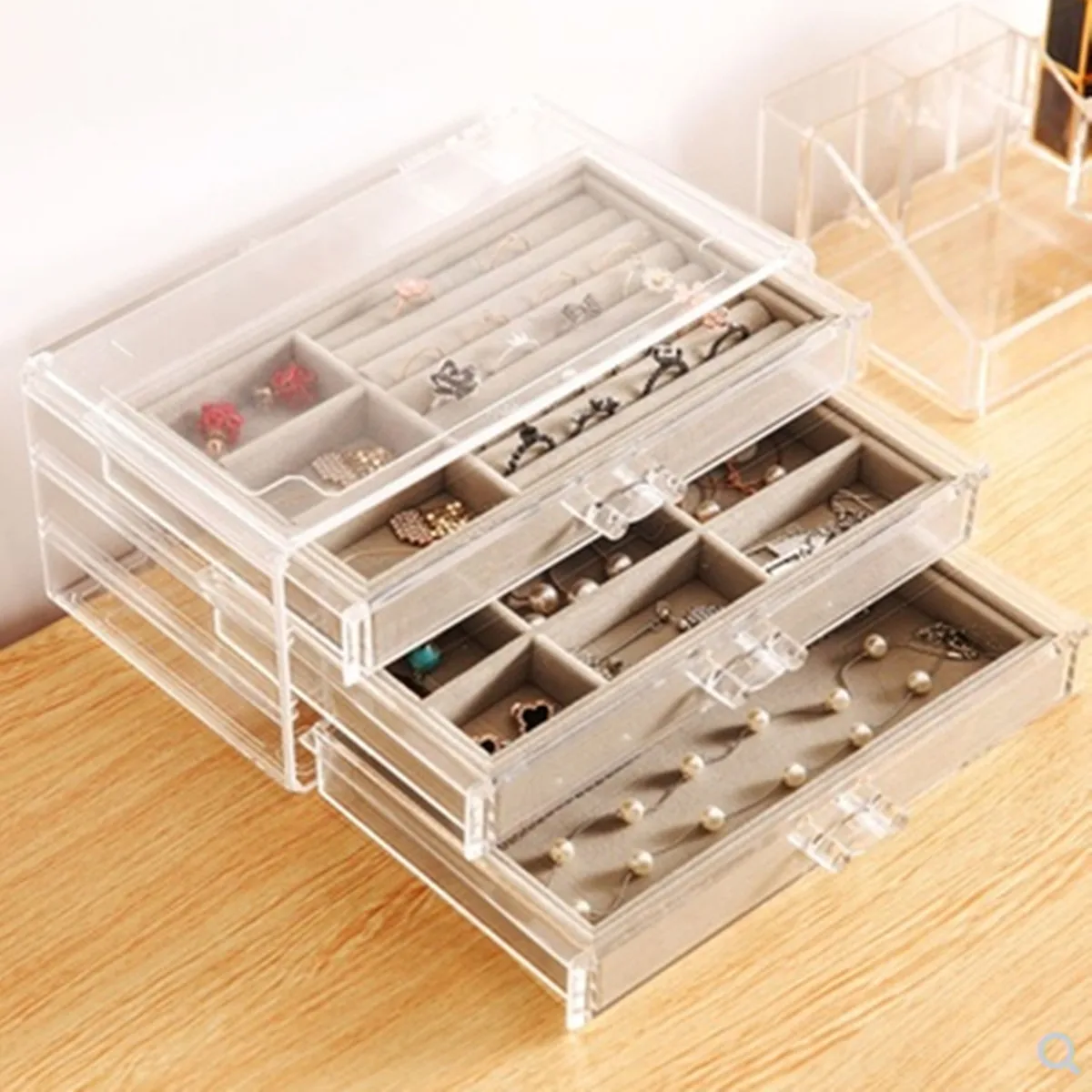 3 слоя акриловая шкатулка для драгоценностей бархата ~ ювелирные изделия Дисплей