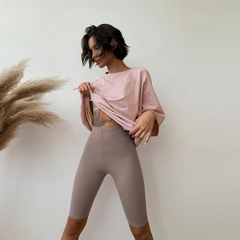 

Women's High Elastic Waist Solid Knitted Shorts Famale Slim Fit Knee Length Cotton Shorts Ladies Summer Casual Skinny Shorts New