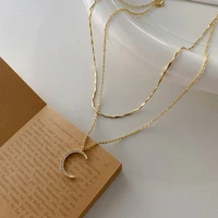 korean fairy jewelry 14k gold shiny moon stars zircon pendant double layered clavicle chain necklace for women elegant accessory