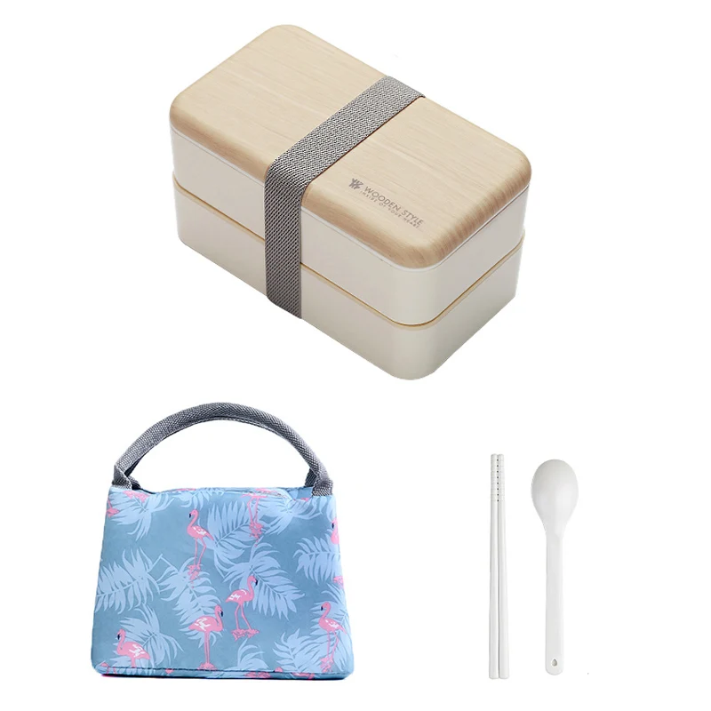 White-bag set СВЧ двухслойный Ланч-бокс деревянный Bento box портативный контейнер BPA бесплатно - Цвет: White-bag set