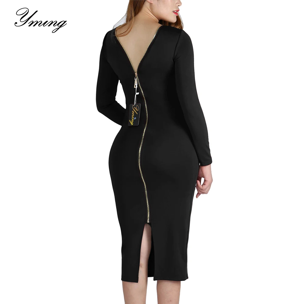 

YMING Sexy Bodycon Women Dress Long Sleeve Zipper Vestidos Midi Dresses Evening Party Casual Black Dress Split Club Dresses