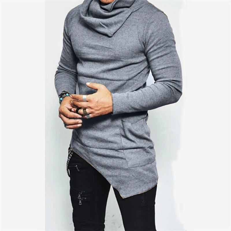 

Men's Hip hop Tops Streetwear Tee Shirts For Men tshirt Vintage Asymmetric Pile Heap Collar Solid Long Sleeve T-Shirts