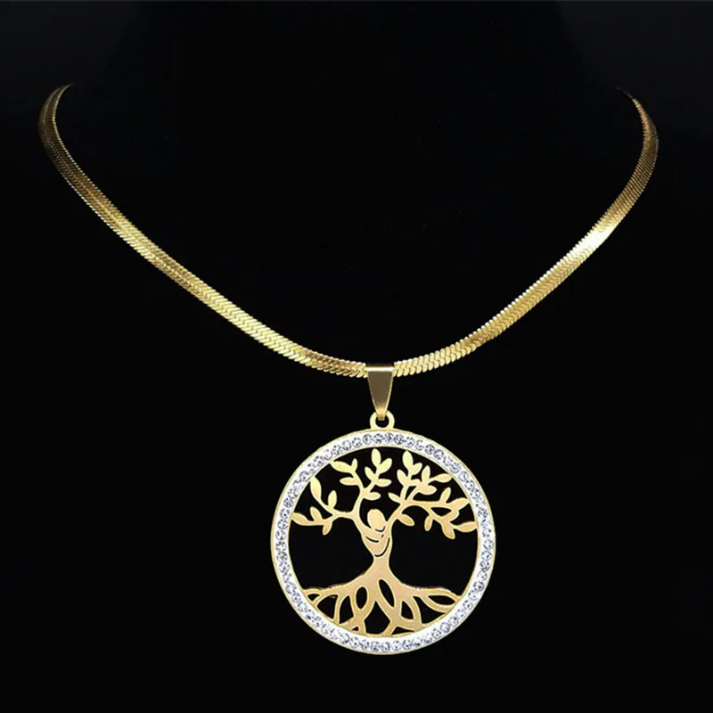

Women Tree of Life Crystal Stainless Steel Choker Necklace Gold Color Neckless Jewelry acero inoxidable joyeria mujer NXS02