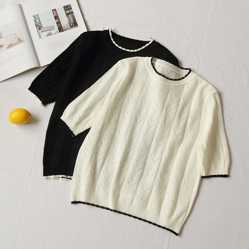 

Fashion Brief Knitted Tops T-shirt For Women Casual Short Sleeve O-Neck Tshirt Female Hollow Out Tees White Black Pullovers Top