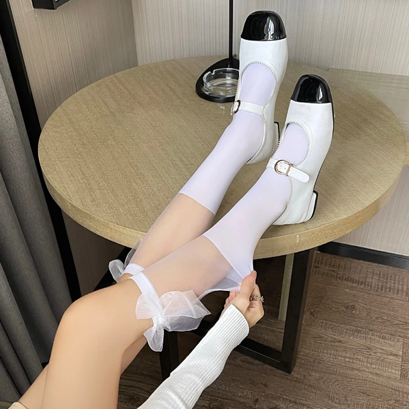 

Trendy Uniform Soft Lace Socks Female Delicate Solid Color Gothic Lolita Socks Japanese Calf Socks Good-looking JK Bow Stockings