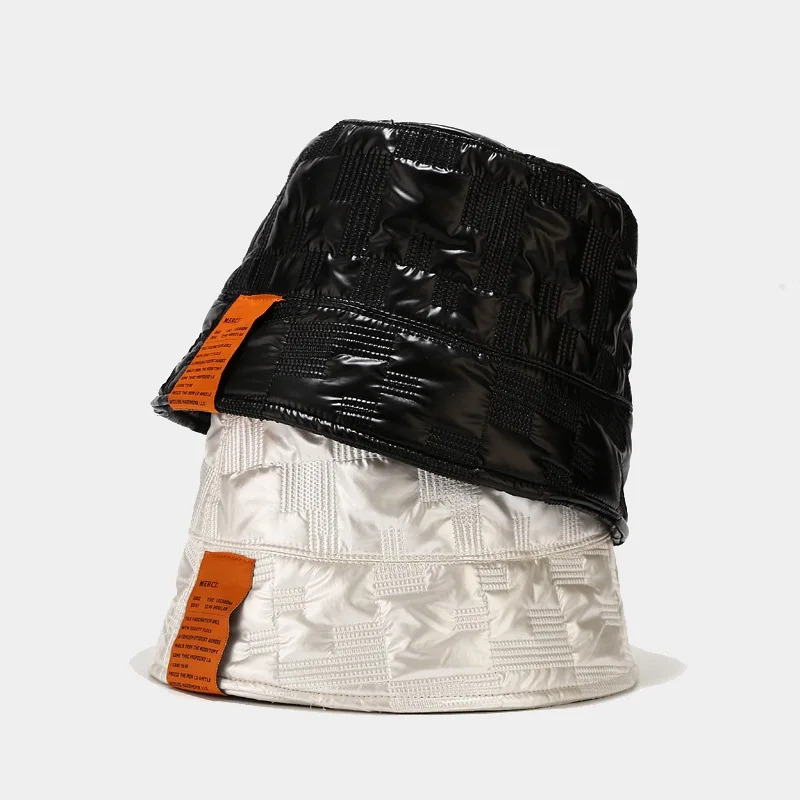 2020 Winter new High quality PU+COTTON Bucket hat for women Outdoor fashion style with labeling thickened warm panama hat Silver