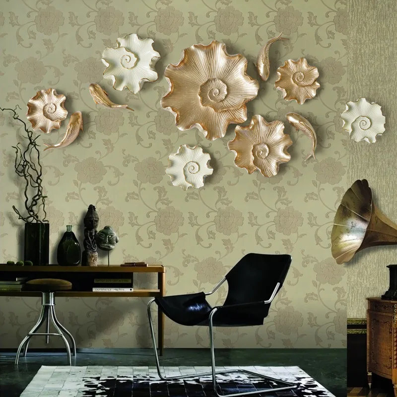 

Modern Creative Resin Lotus leaf Wall Hanging Ornaments Koi Crafts Home Livingroom TV Background 3D Wall Sticker Art Decor