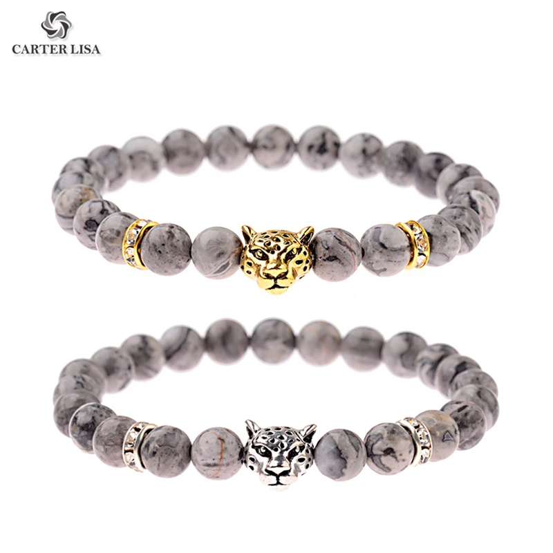 CARTER LISA Шикарный Браслет из натурального серого камня с золотым леопардовым