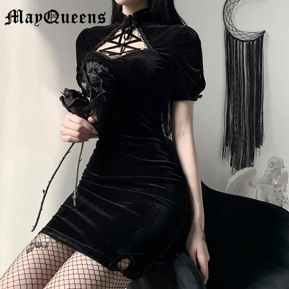 

MayQueens Vintage Punk Gothic Velvet Dresses Women Harajuku Elegant Autumn Bandage Puff Sleeve Aesthetic Sexy Dress Ropa Mujer
