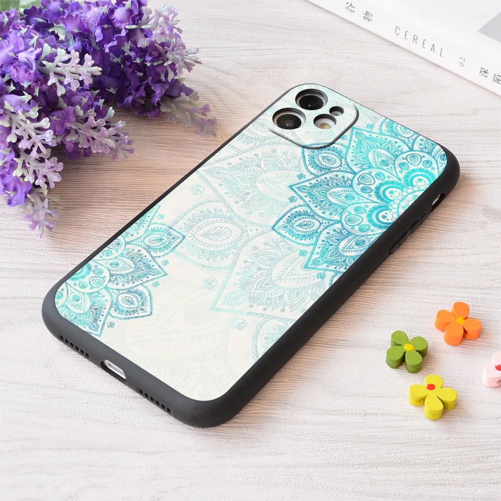 

For iPhone Turquoise Flowers Mandala Print Soft Matt Apple Case