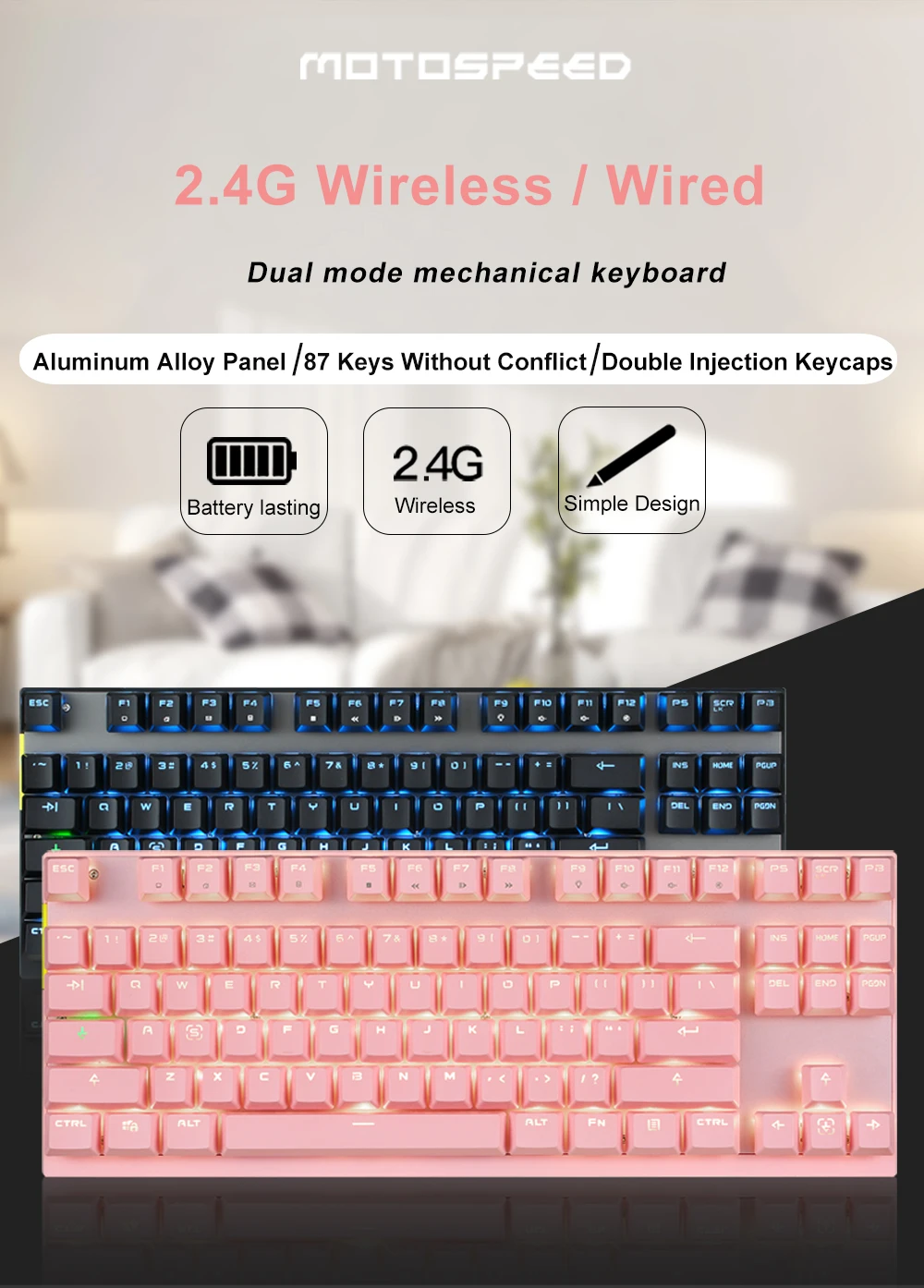 Motospeed 2,4G, Беспроводная игровая механическая клавиатура, двойной режим, 87 клавиш, мини-клавиатура, RGB подсветка, usb приемник для ПК, компьютера, геймера
